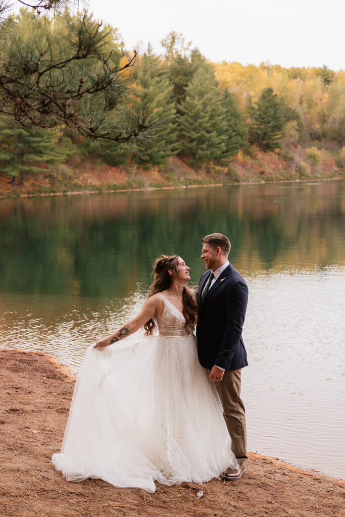 Elopement portraits at a lake in Crosby Minnesota